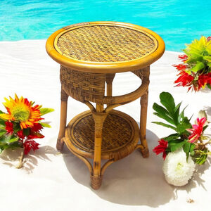 Vintage MCM Rattan and Bamboo side table BOHO Authentic Vintage MCM Home Decor